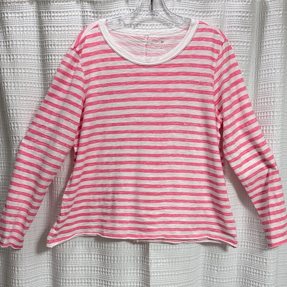 Elliott Lauren Pink/White Stripe Long Sleeve Tee Peru cotton raw hem crisp SZ XL